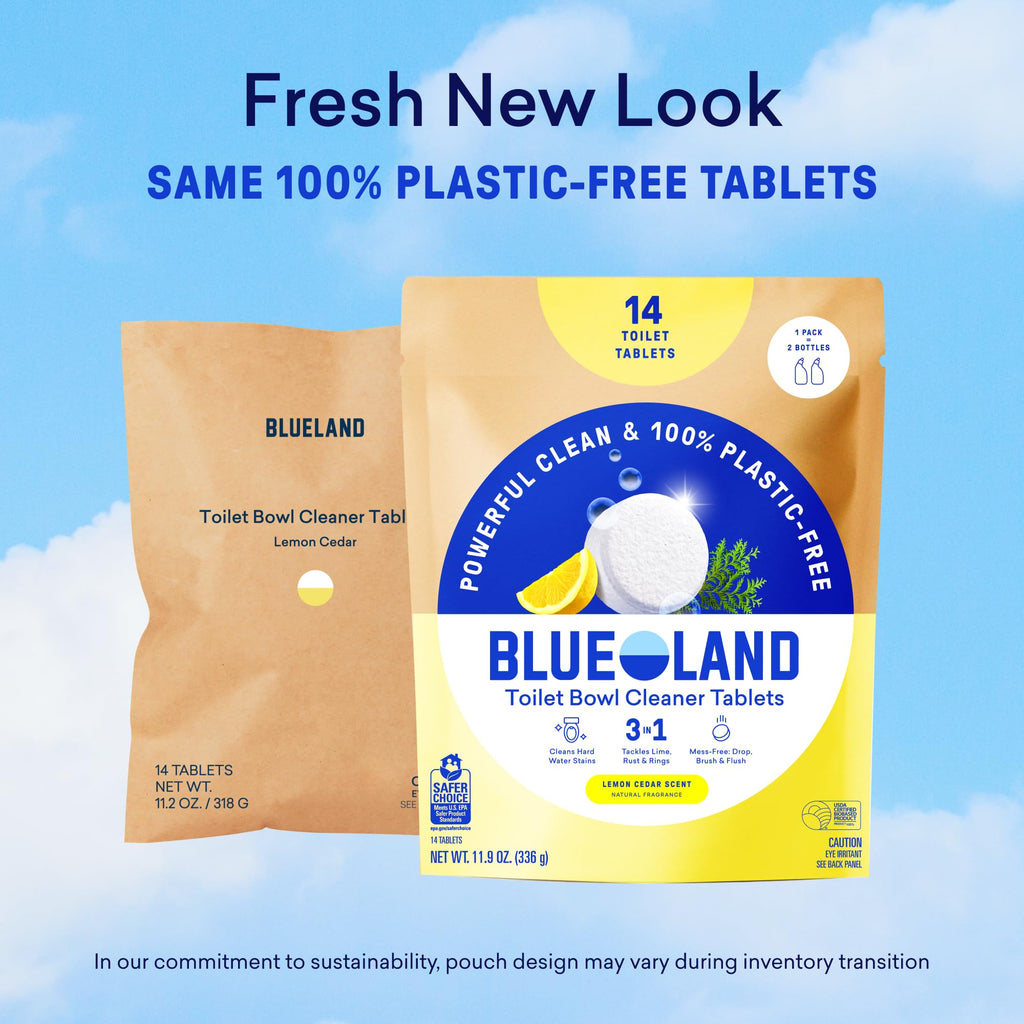 BLUELAND Toilet Bowl Cleaner Tablets, Starter Set, 14 Count with Tin, Lemon Cedar, Plastic-Free, No Harsh Chemicals, Plant-Based