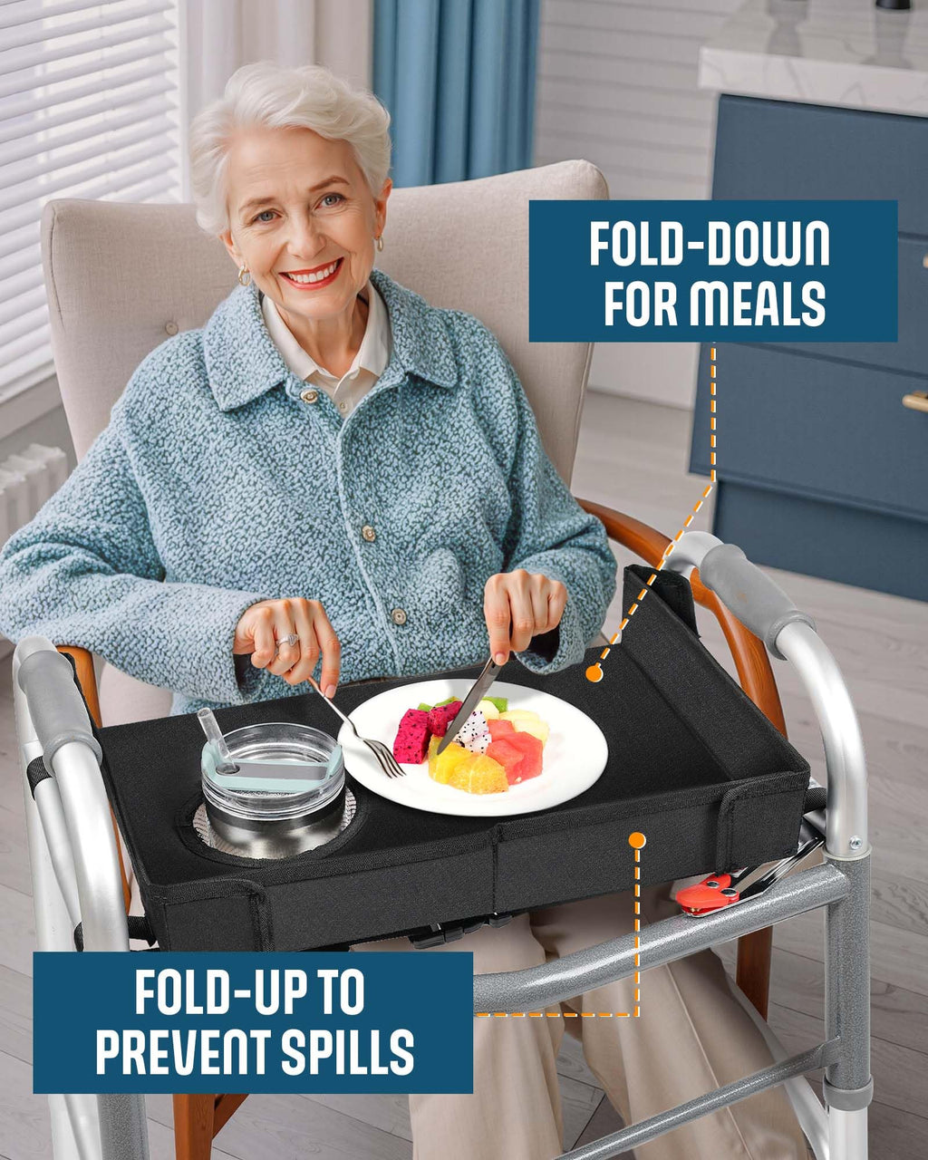FANGSUN Walker Tray with Cup Holder, Lightweight Detachable Mobility and Walker Accessories Table for Senior, Rollator Tray for Rolling Folding Rollator, Easy Assembly