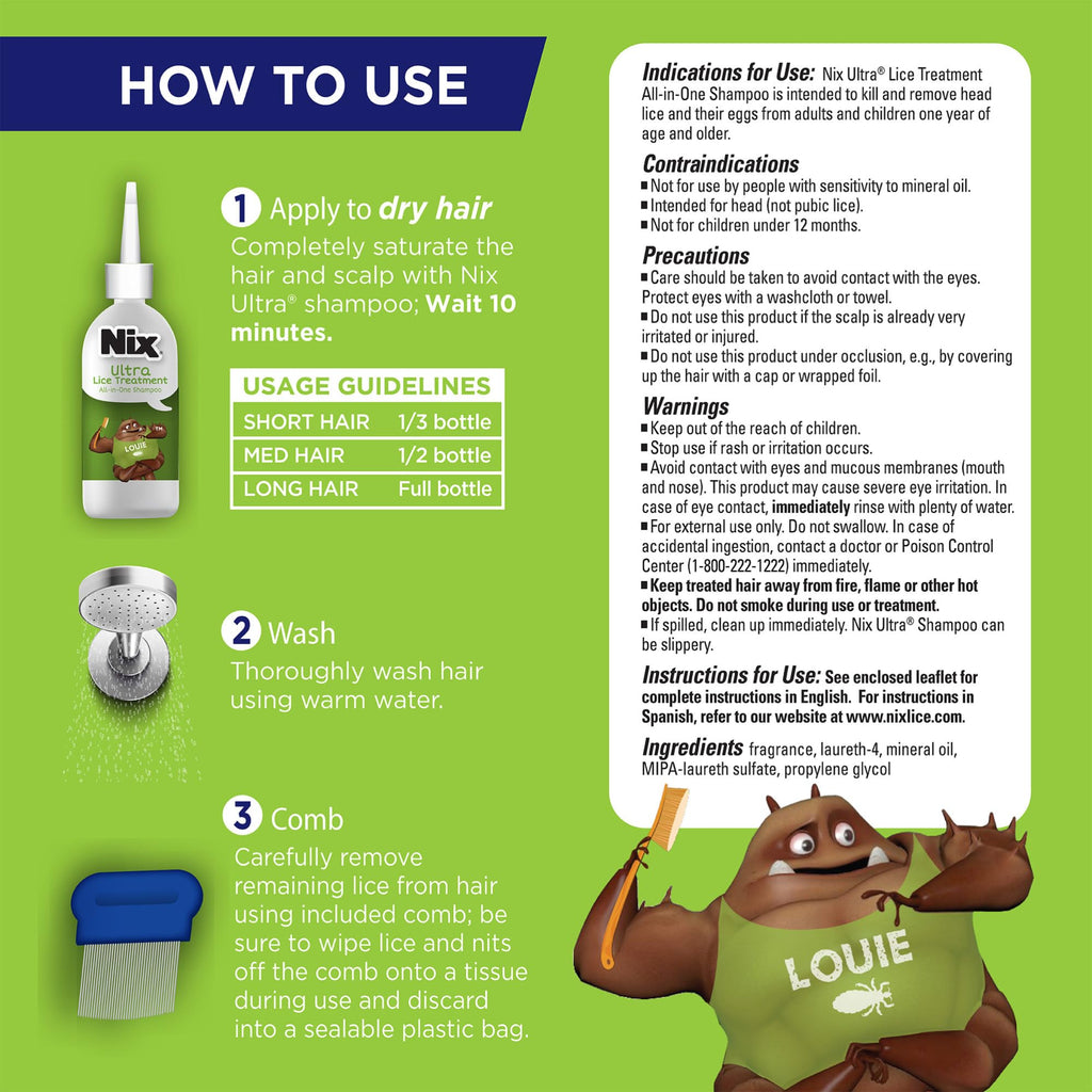 Nix Ultra Superlice Treatment, All-in-One Shampoo, 4 Fl Oz & Lice Removal Comb