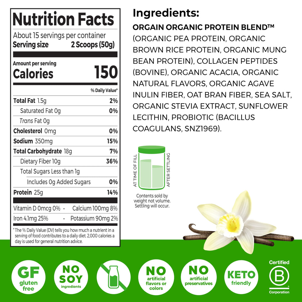 Orgain Protein Powder + Collagen, Vanilla Bean - 25g of Protein, 10g Collagen Peptides, Type I & III, 1B CFU Probiotics, Supports Hair, Skin, Nail, Joint & Gut Health, Gluten Free - 1.6lb