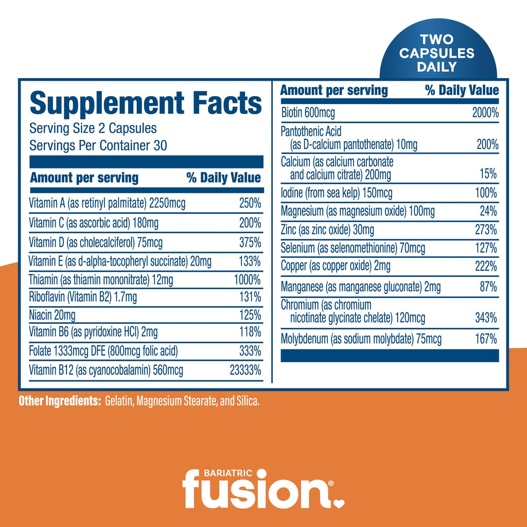 Bariatric Fusion Bariatric Multivitamin Without Iron | Post Bariatric Surgery Patients | Iron Free Bariatric Vitamin for Gastric Bypass and Sleeve Gastrectomy | 60 Capsules | 1 Month Supply