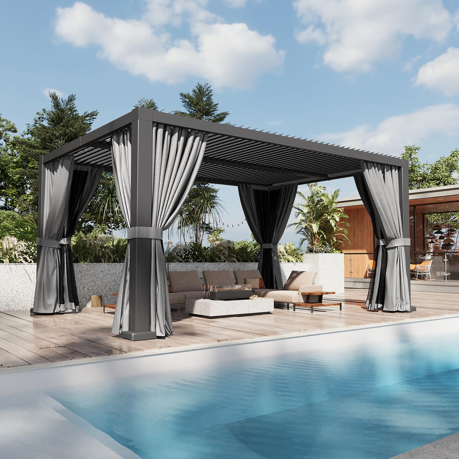 Aoxun Motorized Louvered Pergola 12'x16' with Fan, LED Lights & Power Strip