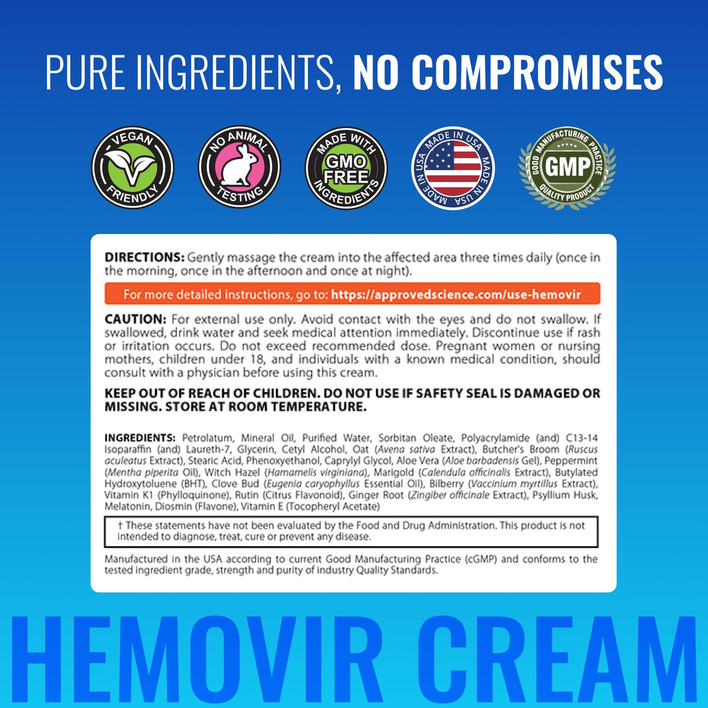 Approved Science Hemovir - Hemorrhoid Capsules and Cream - Dual-Action Stops Itching and Optimizes Blood Flow - Internal and External Care - 45 Capsules + 2 Fl Oz - Vegan - Non GMO - Made in The USA