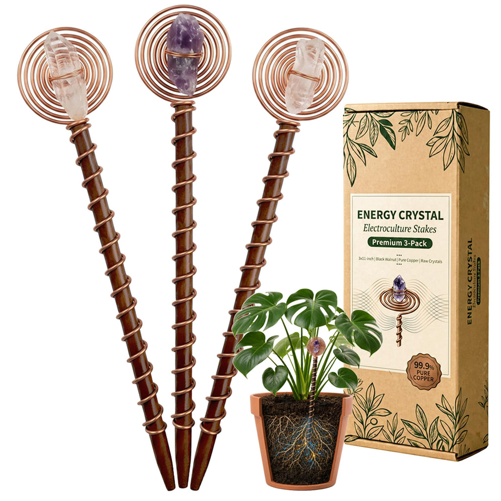 3-Pack Electroculture Copper Gardening Antenna with Crystals, 11" Electroculture Plant Stakes, 2.0mm Thick Copper Garden Stakes with Walnut Rods, Amethyst for Planters, Raised Beds