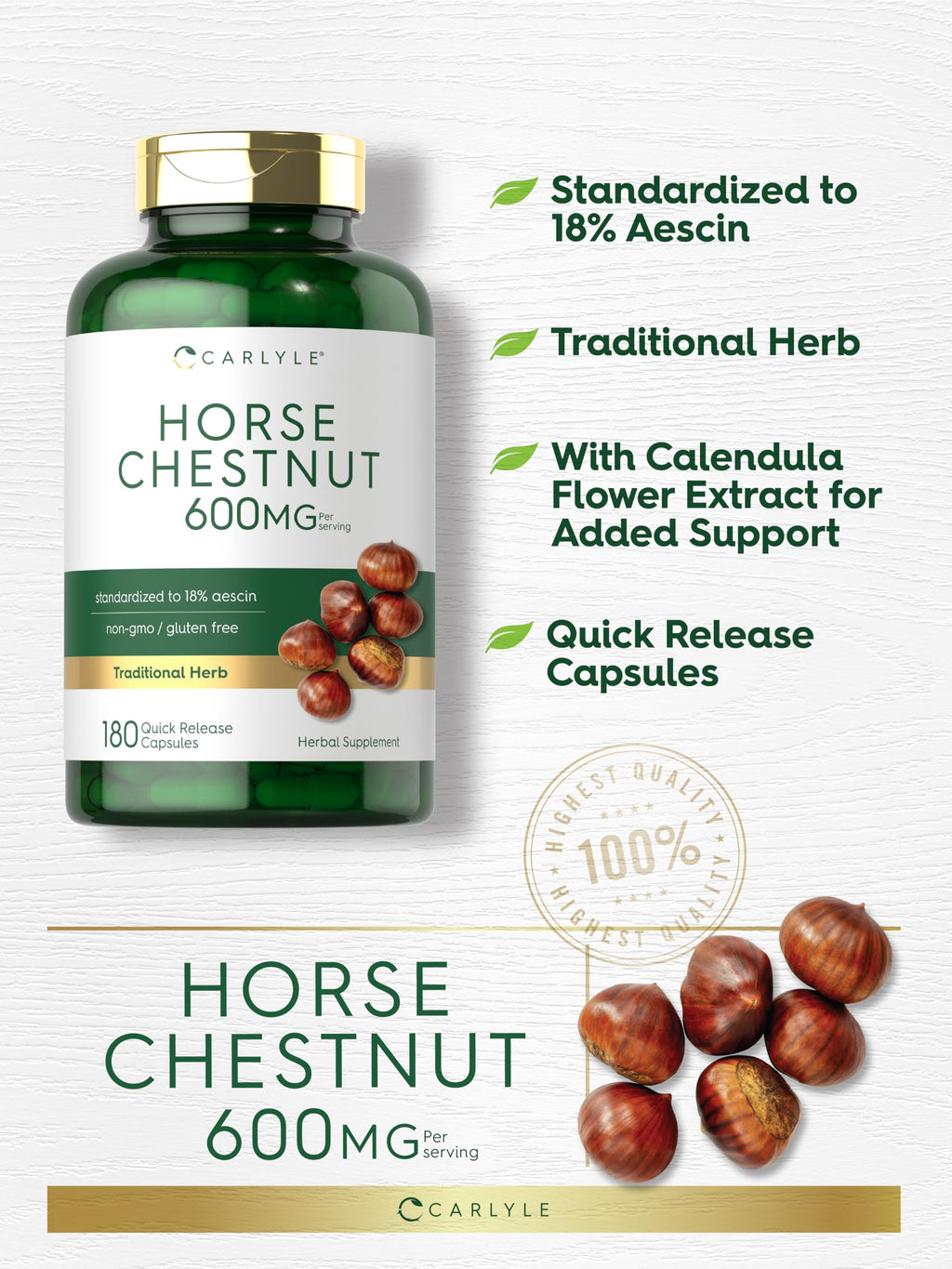 Carlyle Horse Chestnut Extract | 600mg | 180 Capsules | Herbal Supplement | Non-GMO, Gluten Free