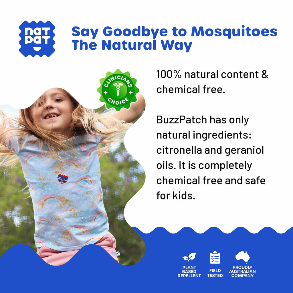 NATPAT BuzzPatch Mosquito Patch Stickers for Kids - All Natural, Plant Based Ingredients, Non-Toxic, DEET Free, Citronella Insect Patches, for Toddlers, Babies, Children (2 Pack, 96 Units)