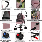 Pet Stroller for Small Dogs and Cats,CYUmail 4 Wheels Foldable Dog Stroller,Puppy Carrier for Small Dogs 0-15 lbs w/Cup Holder,Breathable Visible Mesh,Pink