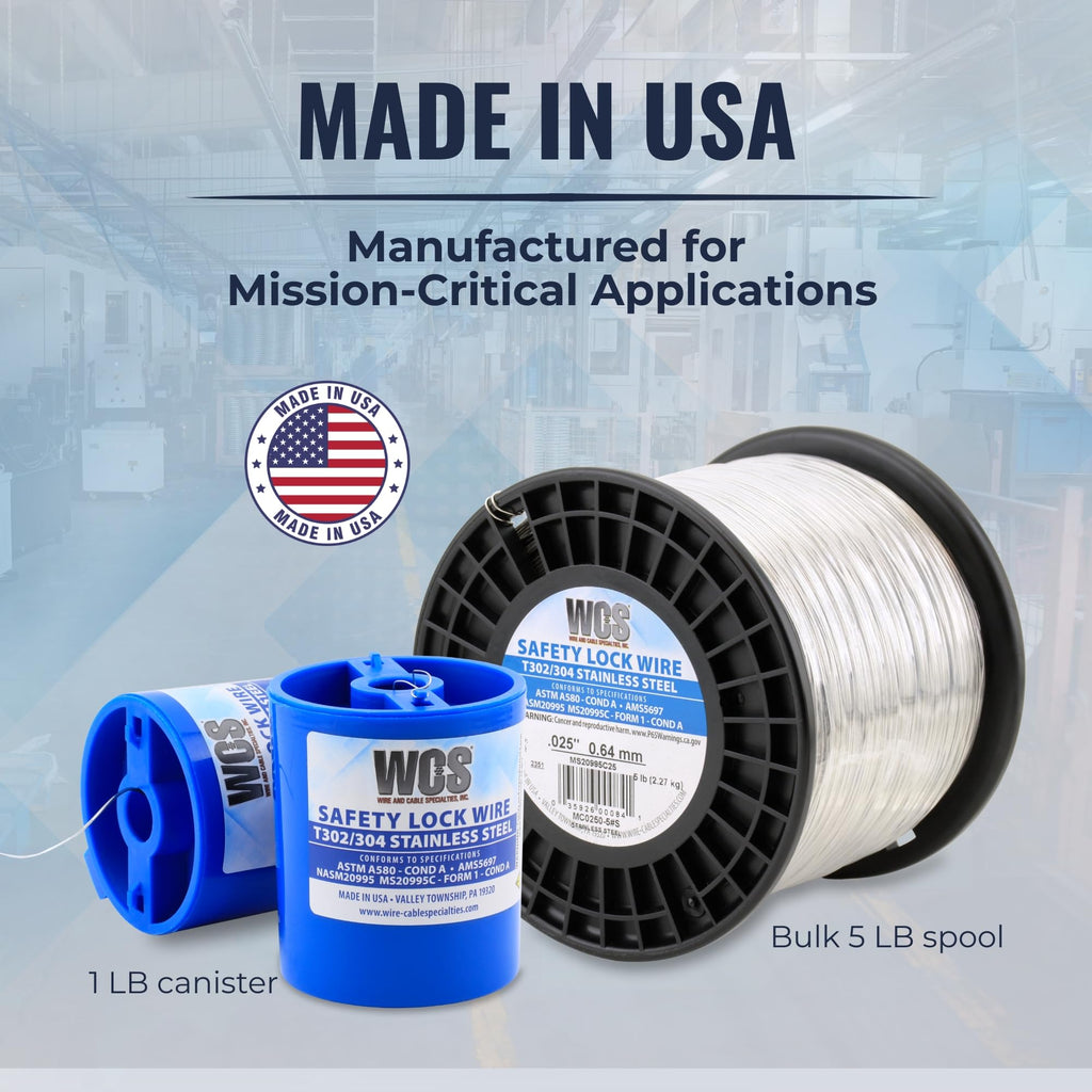 WCS .021 Stainless Steel Safety Lock Wire, T302/304, NASM20995C MS20995C, ASTM A580 Condition A, AMS569, Mechanics Wire for Aircraft, Automotive, & Industrial Use, 1lb Dispenser Can, Approx 840 ft