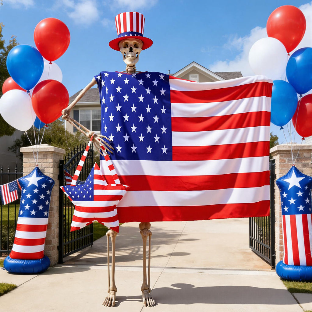 Chicingyou 12 ft Skeleton Clothes Accessories Including Hat and Cloth with Basket for 12 ft Skeleton Outfit Dress (3 Pcs,American Flag)
