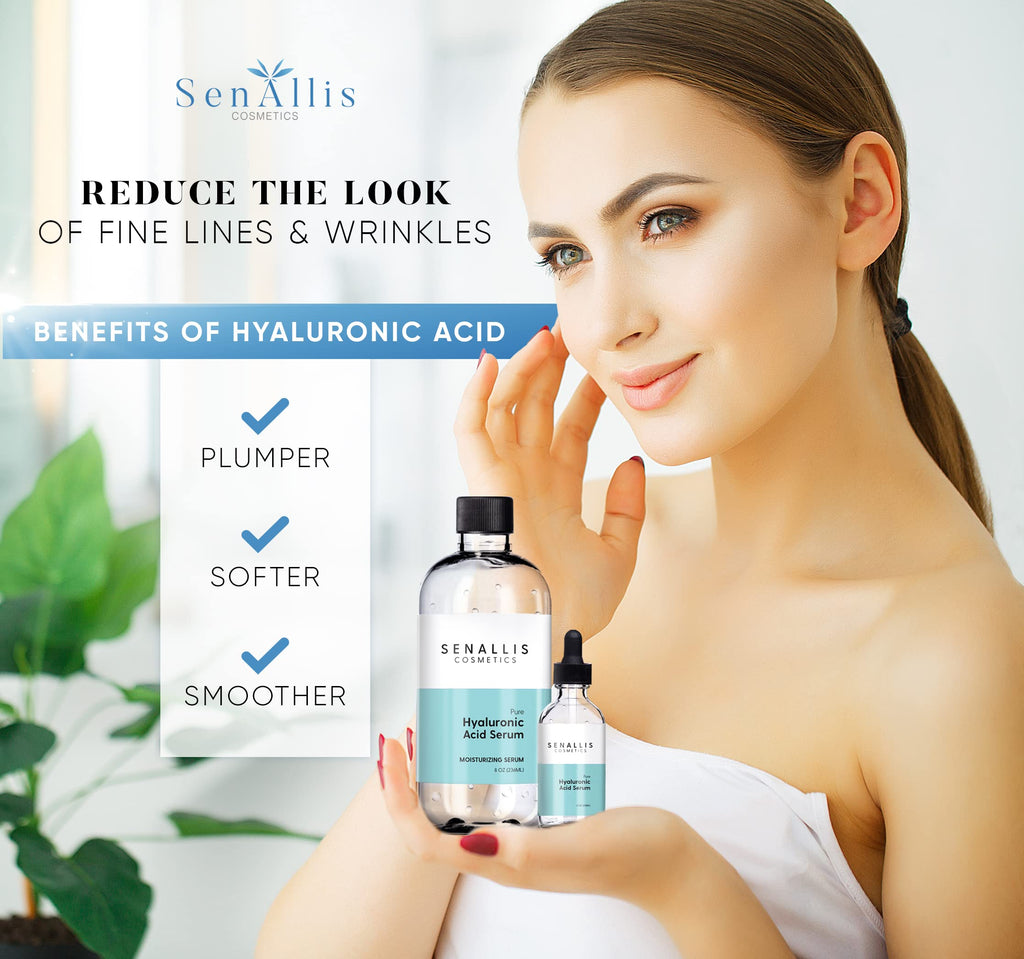 Hyaluronic Acid Serum 8 fl oz And 2 fl oz, Made From Pure Hyaluronic Acid, Anti Aging/Wrinkle, Ultra-Hydrating Moisturizer That Reduces Dry Skin Manufactured In USA