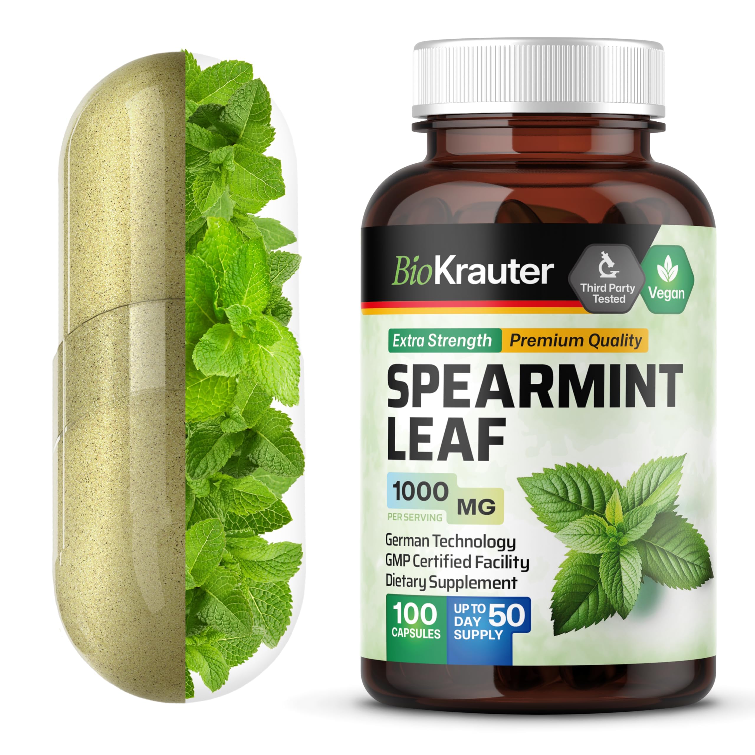 BIO KRAUTER® Spearmint Capsules for Skin Support - Vegan & Pure Spearmint Supplement 1000 mg - Used for Women’s Wellness & Digestive Support - No Fillers, Non-GMO - 50 Days of Supply, 100 Capsules