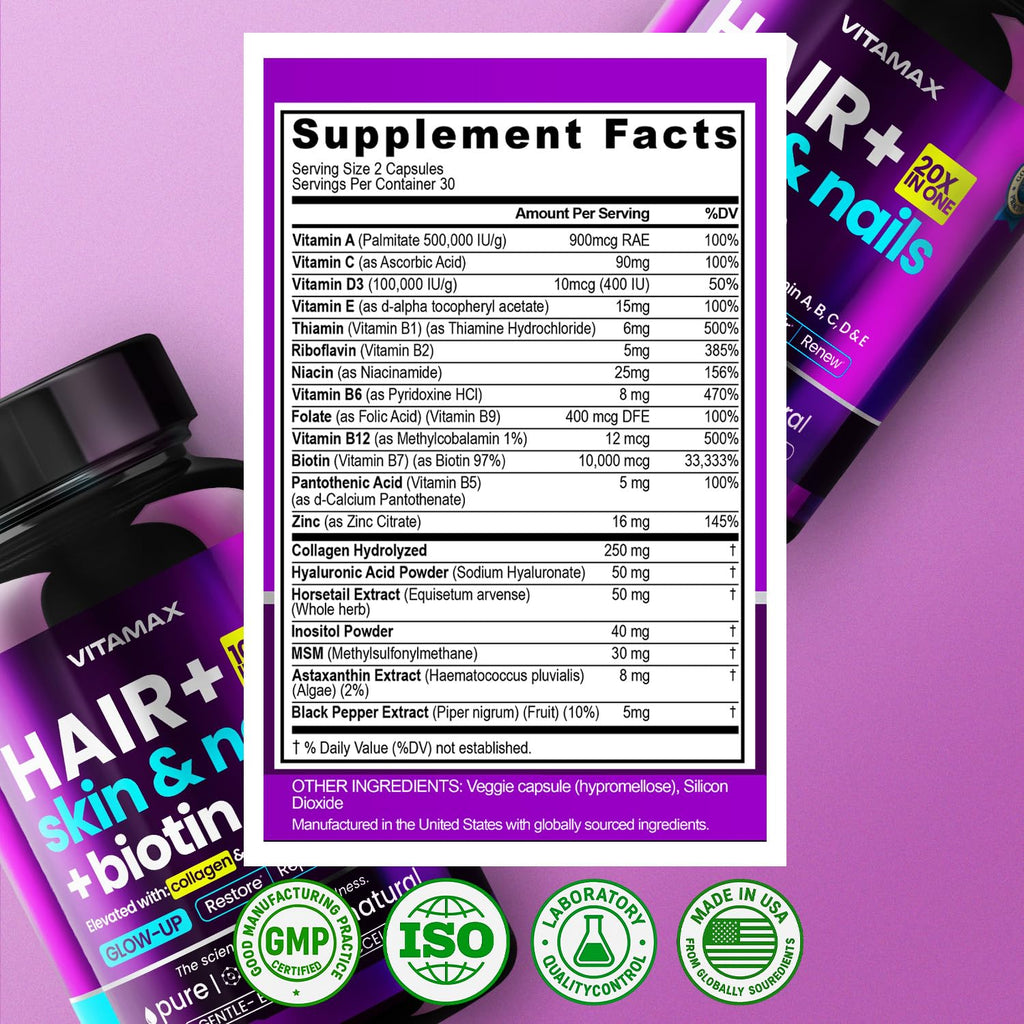 Biotin | Collagen | Keratin Booster with Hyaluronic Acid - Thicker Hair Growth, Healthy Skin & Stronger Nails Supplement – Extra Strength - Multi Vitamin B Complex - Women & Men - Made in USA - 60ct