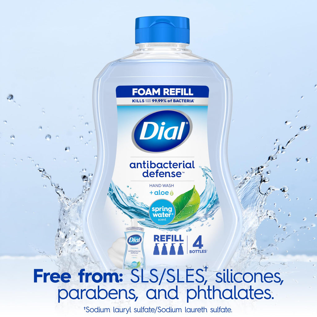 Dial Antibacterial Defense Foaming Hand Soap + Aloe, Spring Water Scent, 30 Fl Oz Hand Soap Refill (4 Pack), Dermatologist-Tested, Gentle on Skin