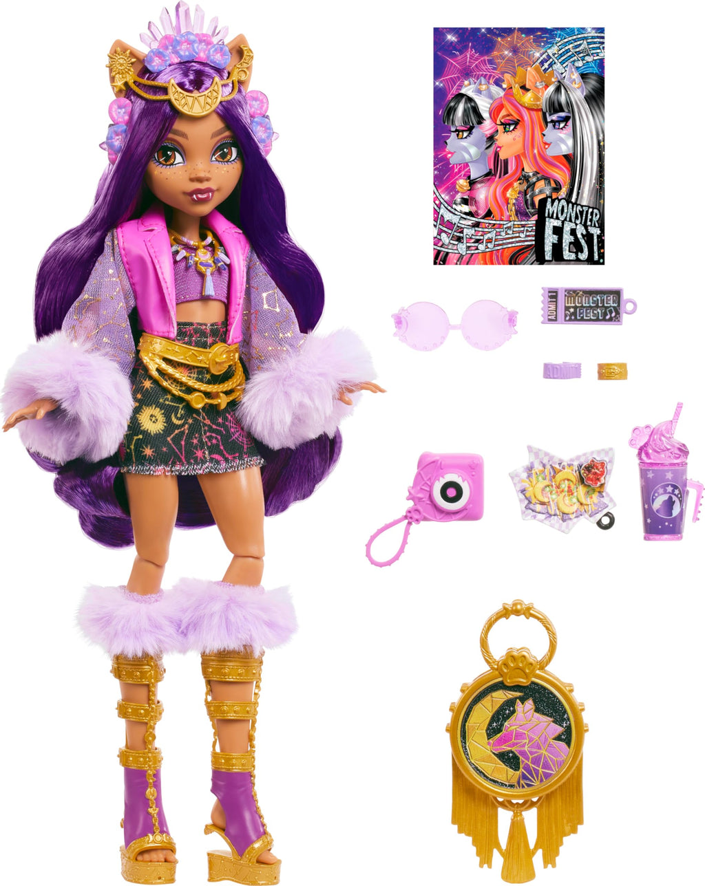 Monster High Monster Fest Doll, Clawdeen Wolf with Glam Outfit & Festival Themed Accessories Like Snacks, Band Poster, Statement Bag & More