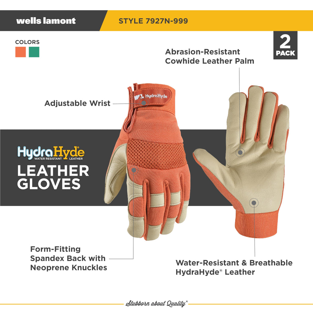 Wells Lamont Women's Garden Gloves, Small, Mint Green/Rust, HydraHyde Leather Hybrid, Water-Resistant, Adjustable Wrist, 2-Pair Pack, for Gardening, Reusable, Adult