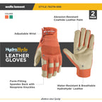 Wells Lamont Women's Garden Gloves, Small, Mint Green/Rust, HydraHyde Leather Hybrid, Water-Resistant, Adjustable Wrist, 2-Pair Pack, for Gardening, Reusable, Adult