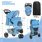 Magshion 3-Wheel Pet Stroller, Foldable Travel Jogger for Small & Medium Dogs & Cats (Up to 33lbs), Lightweight Carrier with Breathable Mesh Cover, Cup Holder & Storage Basket, Sky Blue Polka Dots