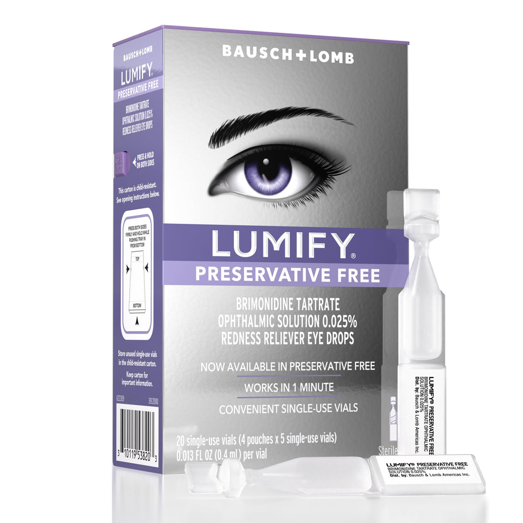 LUMIFY Preservative Free Eye Drops for Red Eyes, Redness Reliever for Sensitive Eye, Brighter and Whiter Looking Eyes, Works in 1 Minute & Lasts Up to 8 Hours, 20 Single-Use Vials