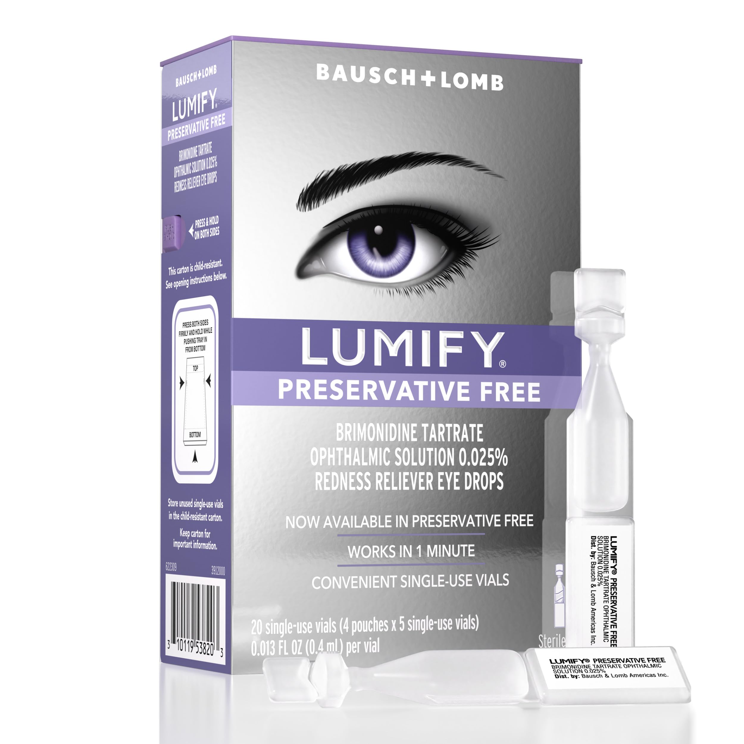 LUMIFY Preservative Free Eye Drops for Red Eyes, Redness Reliever for Sensitive Eye, Brighter and Whiter Looking Eyes, Works in 1 Minute & Lasts Up to 8 Hours, 20 Single-Use Vials
