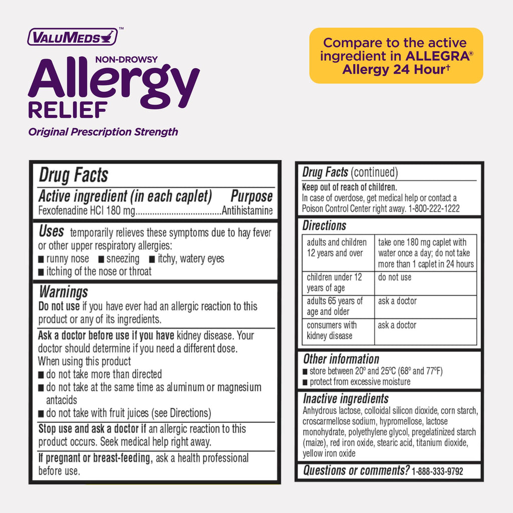 ValuMeds 24-Hour Allergy Relief Fexofenadine Hydrochloride 180mg | Non-Drowsy Antihistamine Generic Medicine for Allergies, Hay Fever, Itchy Eyes for Kids, Adults | Compare to Allegra (200-Count)