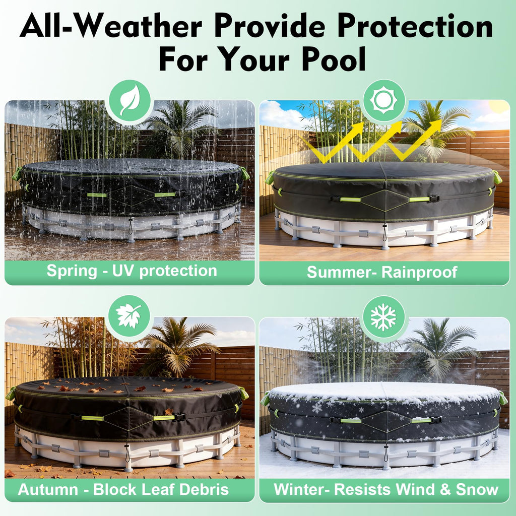 12Ft Round Pool Cover for Above Ground Pools, Safety Solar Pool Covers with Reflective Strips, Rope and Luminous Nails, Upgraded Thicker Oxford, PU Tarp Snug, UV Protected, Windproof, Tear Resistant