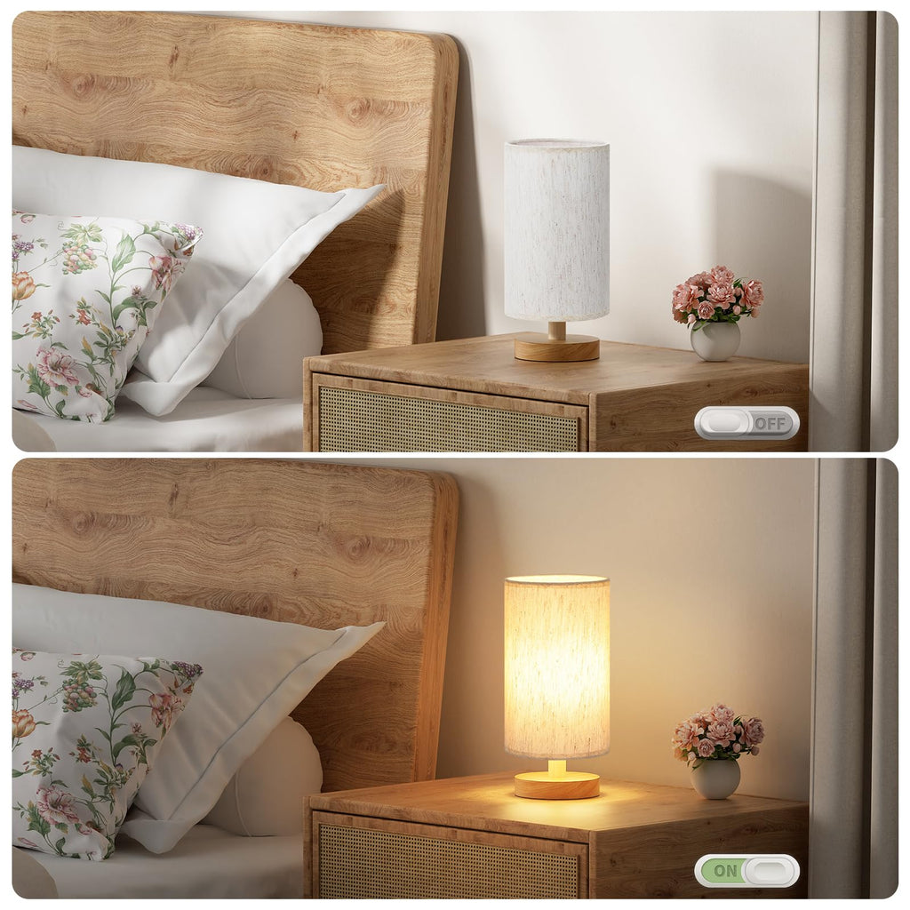 Fenmzee Small Lamps Set of 2 - Inline Control, Bedside Table Lamp for Bedroom with 3000K A15 LED Blub, Easy Assembly (Cream Shade - Wood Base Set of 2, 9" Inline Control)