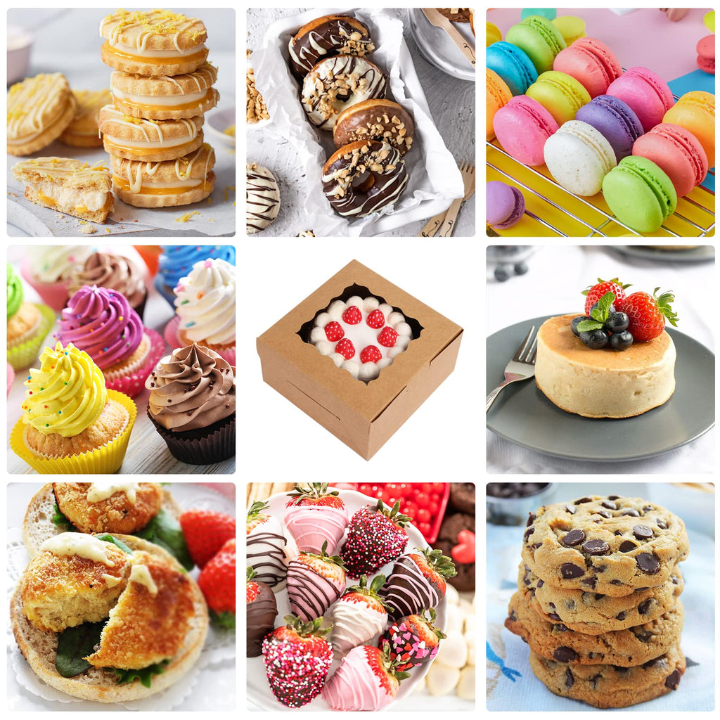 Moretoes 80pcs Brown Bakery Boxes with Window, 6x6x3 Inches Small Cookie Boxes for Treats, Pastries, Chocolate Covered Strawberries, Macarons, Cupcakes, Goodies, Donuts