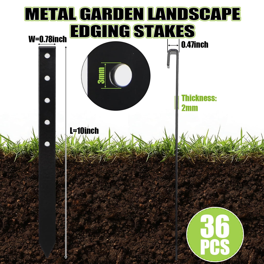 Fumete 36 Pcs 10'' Metal Landscape Stakes Bulk Garden Ground Edging Spikes with Holes Heavy Duty Anchoring Spike Carbon Steel Lawn Stake for Flowerbed Edging Grass Board Barrier Yard(Black)