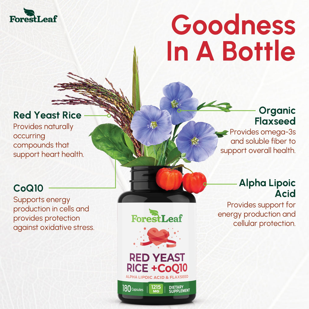 ForestLeaf Red Yeast Rice with CoQ10 Supplement - 1215mg Extra Strength Red Yeast Rice Capsules with Alpha Lipoic Acid & Organic Flaxseed, Citrinin Free - 180 Capsules