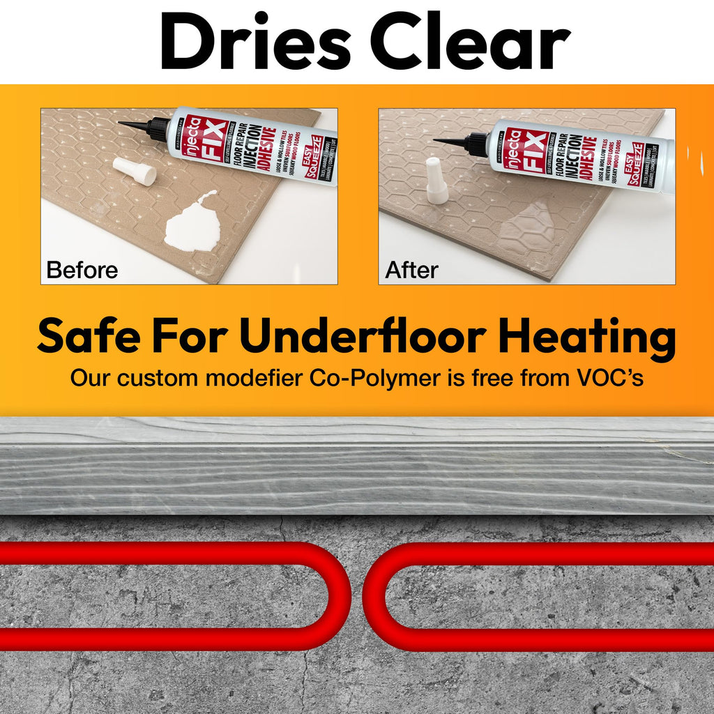 Floor-Fix Pro Easy Squeeze - Extra Strength Adhesive - Fix Loose & Hollow Tiles, Squeaky Wood & Laminate - Includes Built in 5/64” Syringe Tip - No Sealant Gun Required (10.1 Fl Oz)