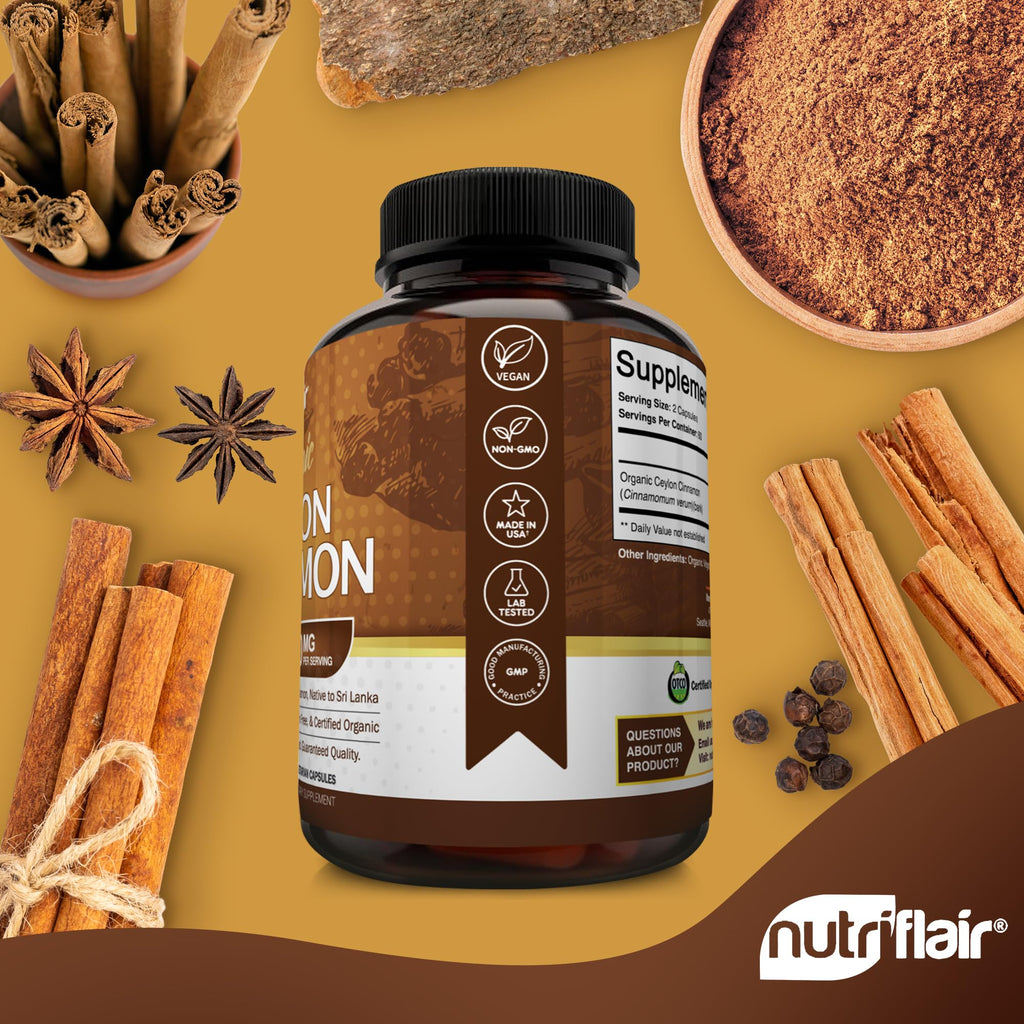 NutriFlair Organic Ceylon Cinnamon Supplement 1200mg, 120 Capsules - USDA Certified - Non-GMO, Gluten Free Powder, Antioxidant Pills