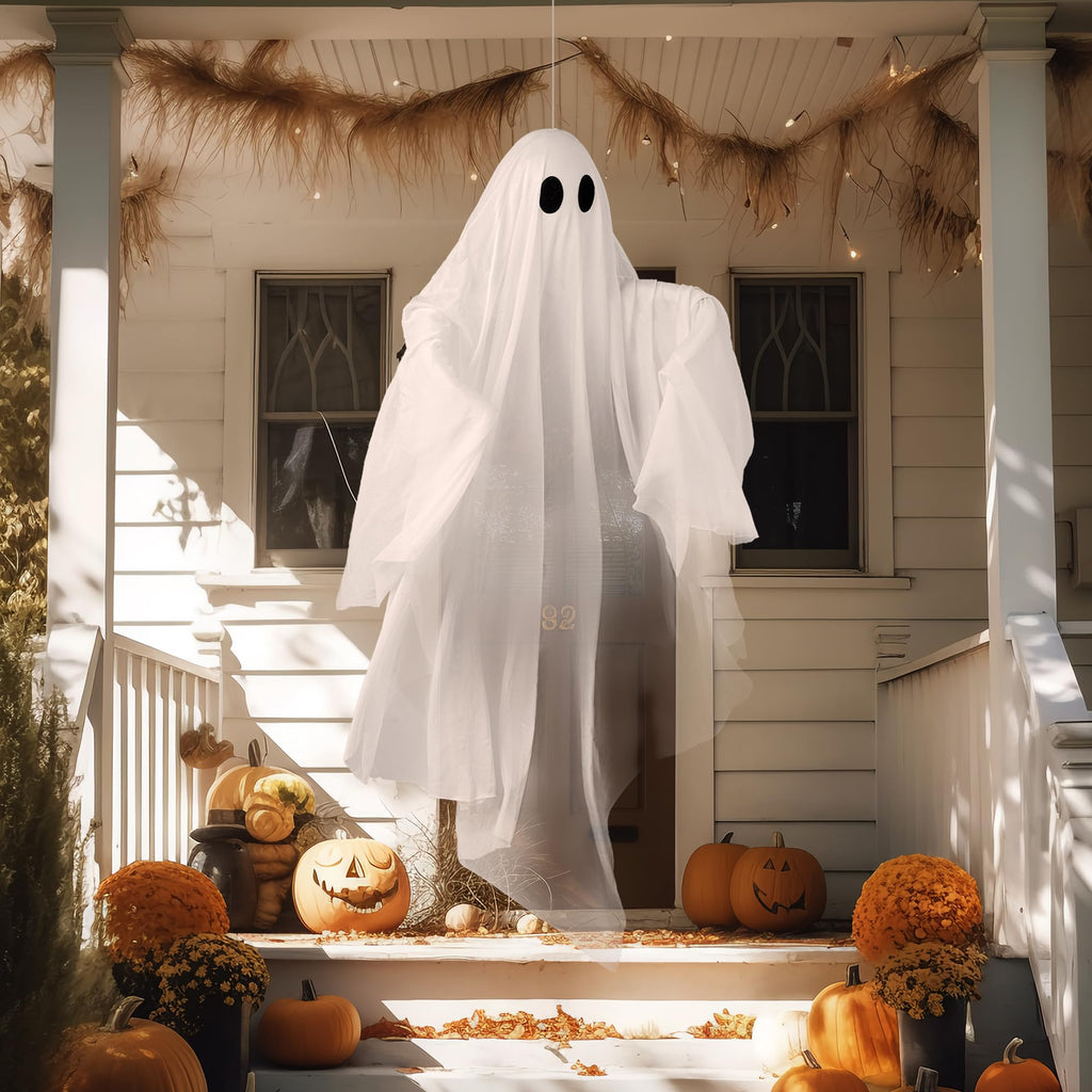 JOYIN Halloween Hanging Light up Ghost, 47" White Ghosts with Purple LED Light and Timer Halloween Hanging Decoration Waterproof for Front Yard Patio LawnGarden Party Decor Indoor Outdoor