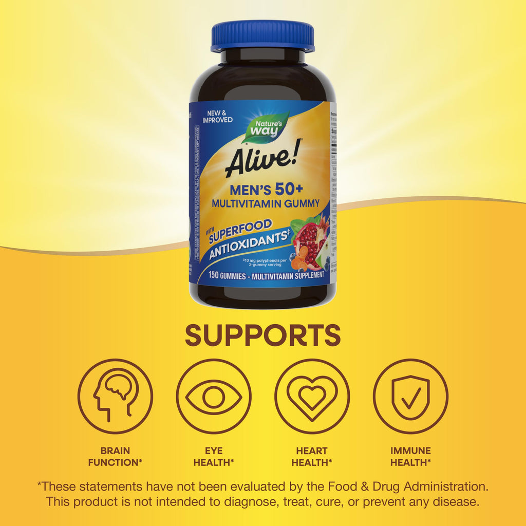 Nature's Way Alive! Men’s 50+ Daily Gummy Multivitamins, Supports Healthy Brain, Eyes, Heart*, B-Vitamins, Gluten-Free, Fruit Flavored, 150 Gummies (Packaging May Vary)