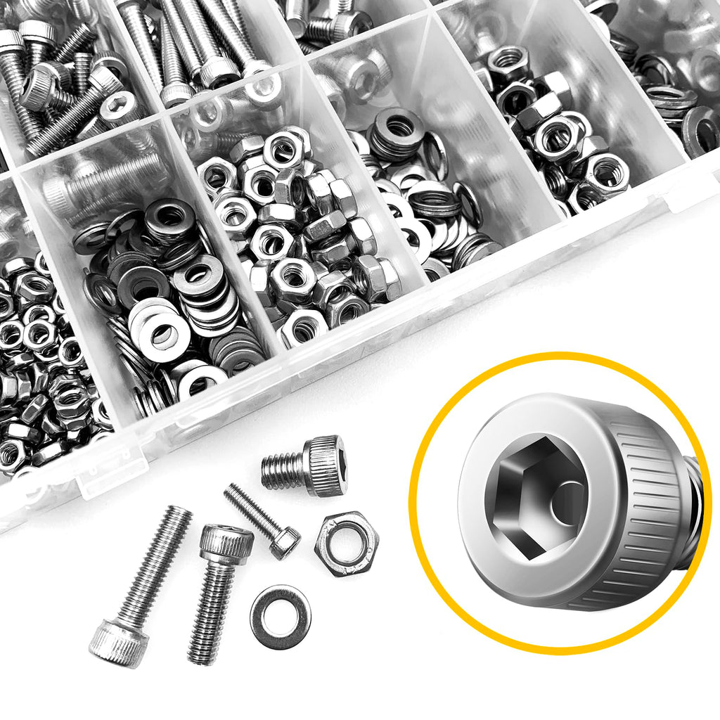 Mywish 900Pcs M3 M4 M5 M6 Metric Screw Assortment, 304 Stainless Steel Nuts and Bolts, Hex Socket Head Cap Metric Bolts/Nuts/Flat Washers Kit Anti Rust 16 Sizes 8mm to 20mm, Hex Wrenches