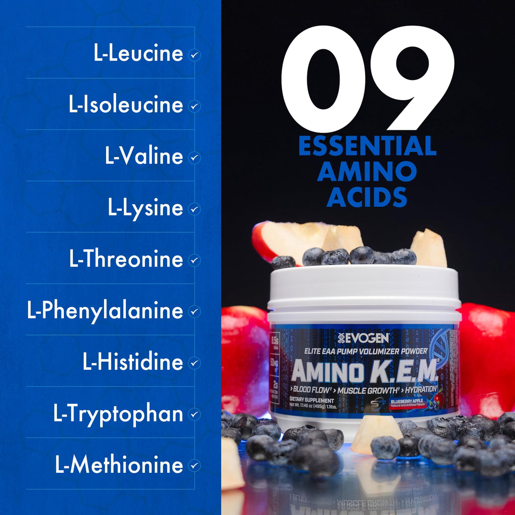 Evogen Amino K.E.M. - EAA & BCAA Powder Pump Volumizer | BCAAs Amino Acids Supplement for Blood Flow, Muscle Growth, & Hydration | Blueberry Apple | 30 Servings