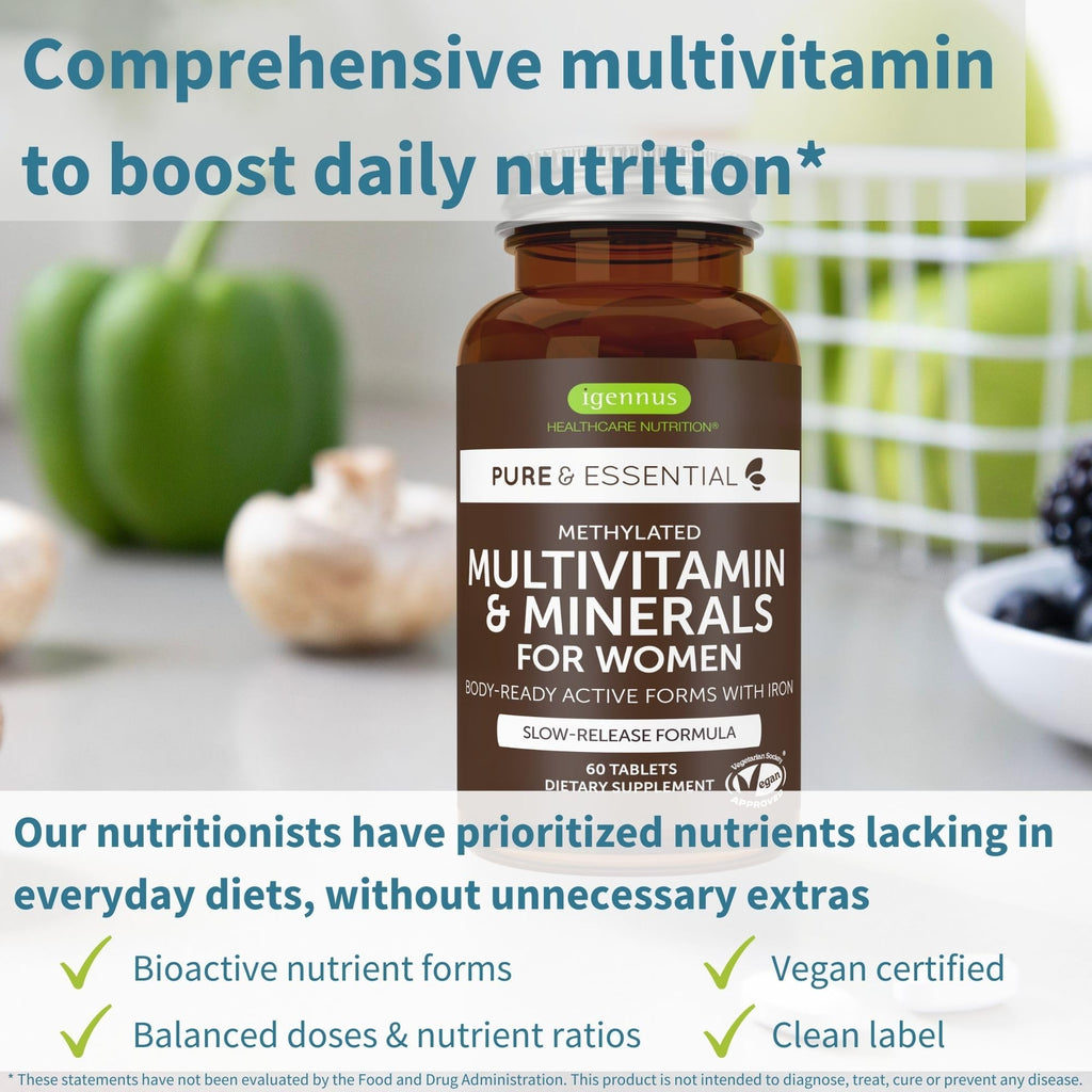 Igennus High Potency Methylated Multivitamin for Women with Gentle Iron, 5-MTHF Folate & Methylcobalamin B12, Pure & Clean, Sustained Release, Active B-Complex & K2 MK-7, Non-GMO, 60 Vegan Tablets