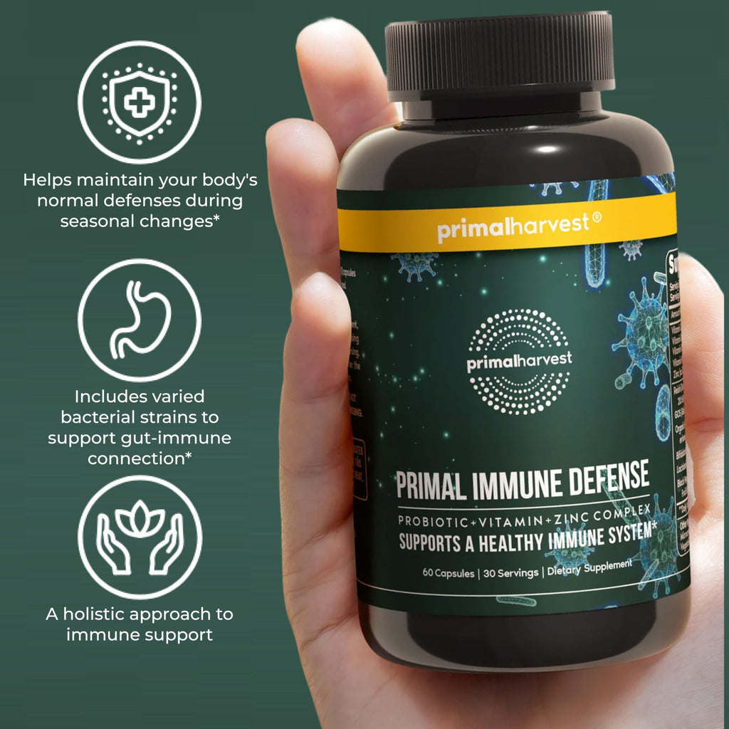 Primal Harvest Primal Immune Defense 10 in 1 Immune Support Supplement - 60 Capsules Immune Vitamins, with 7 Billion CFU Pre and Probiotics, Zinc, VIT C, B6, D3, K2