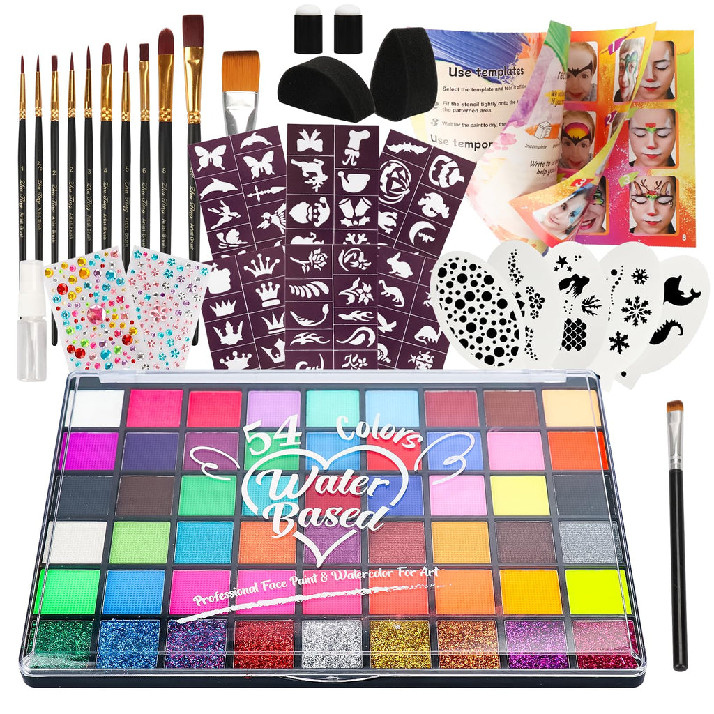 Pintada 54 Color Face Painting Kit for Kids - Non Toxic Water Activated Face Paint Palette with Stencils, Book, Brush & Sponges . For Halloween, Carnival, Party; Costume Makeup for Creative Activities