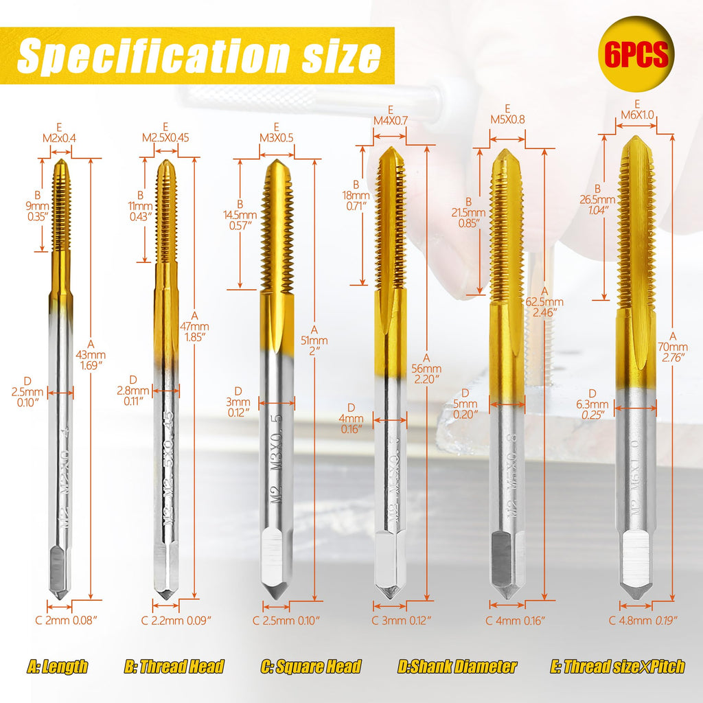 6Pcs Metric Tap Set with Tap Wrench for Metal, M2 HSS Thread Tap M2 to M6
