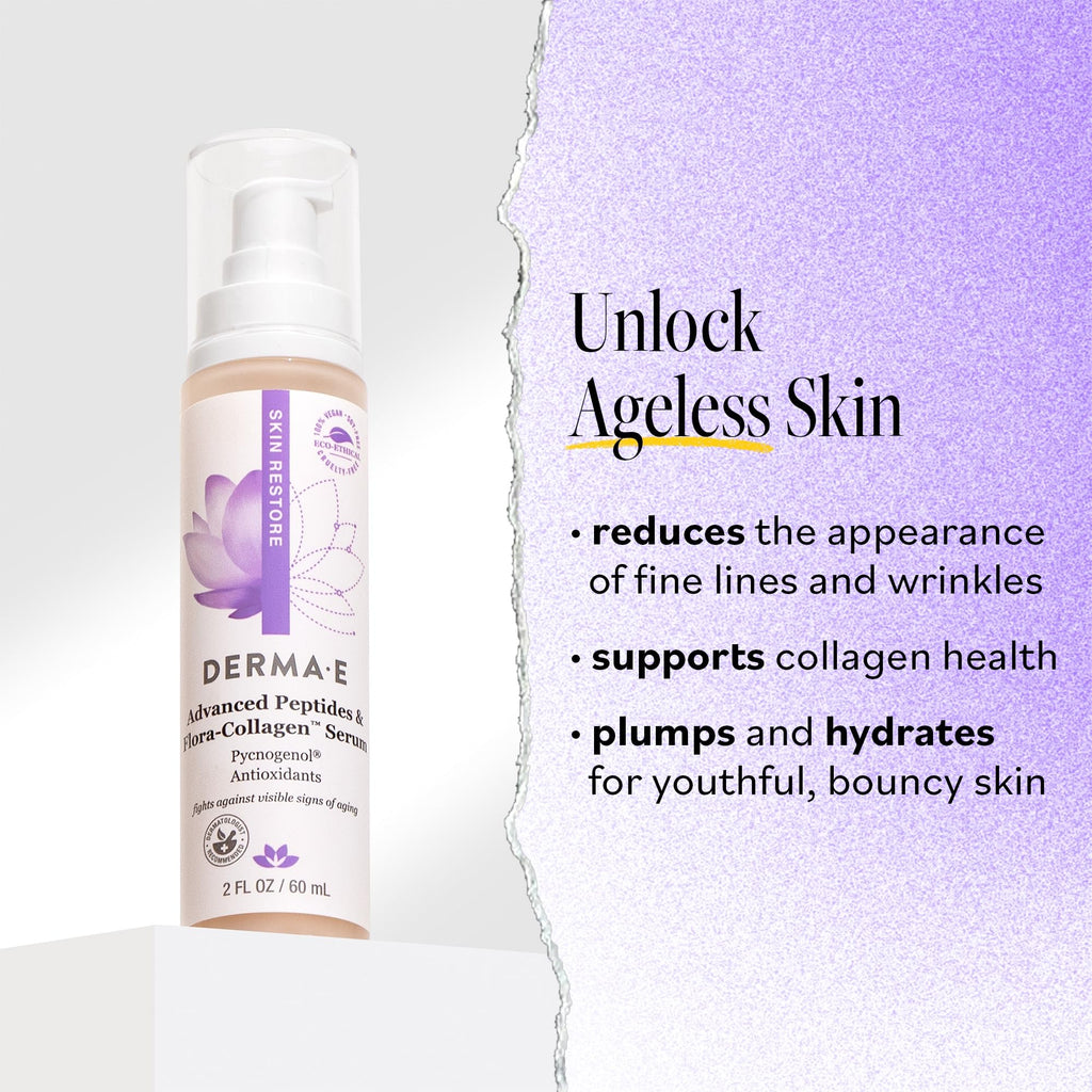 DERMA E Advanced Peptides and Vegan Flora-Collagen Serum – Double Action Collagen Face Cream with Peptide Complex – Intensely Hydrating Serum for Lines, Wrinkles and Redness, 2 oz