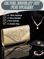 Henoyso 5 Pcs Rhinestone Jewelry Sets Prom Purse for Women, Gold