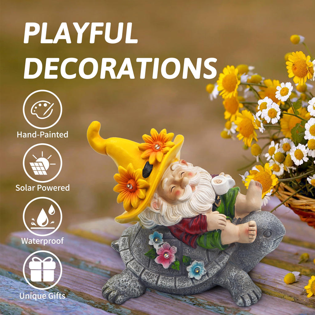TUEVAK Garden Gnomes Outdoor Decor - Funny Sunflower Gnome Sitting on Turtle with Solar Lights, Gnomes Decoration for Lawn Yard Patio, Garden Gifts for Women, Mothers Day, Housewarming