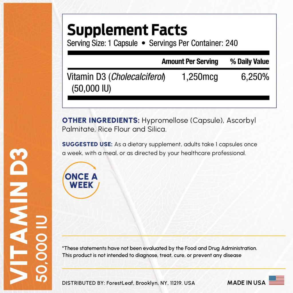 ForestLeaf Vitamin D3 50,000 IU | VIT D - VIT D3 Vitamin D Supplement for Women and Men | Bone Health, Teeth, Immune Support | Easy to Swallow Pills | High Potency WEEKLY Dose, 4-Year Supply, 240 Caps