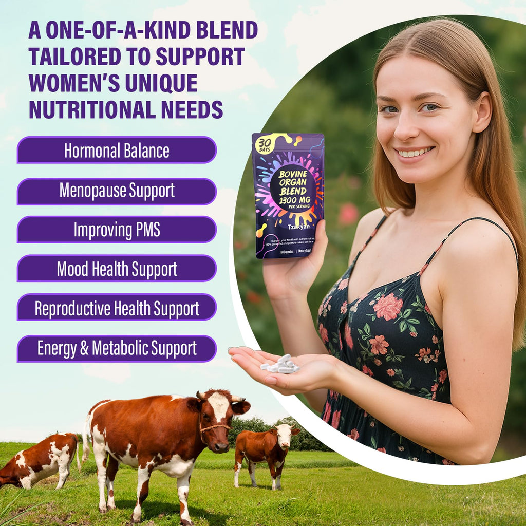 tzaxyan 1300MG Beef Organ Supplement for Women, 100% Grass Fed Beef Liver, Uterus, Ovary & 3 More, Bovine Organ Capsules for Supports Women's Overall, Endocrine Balance, Energy, Immunity, 30 Days