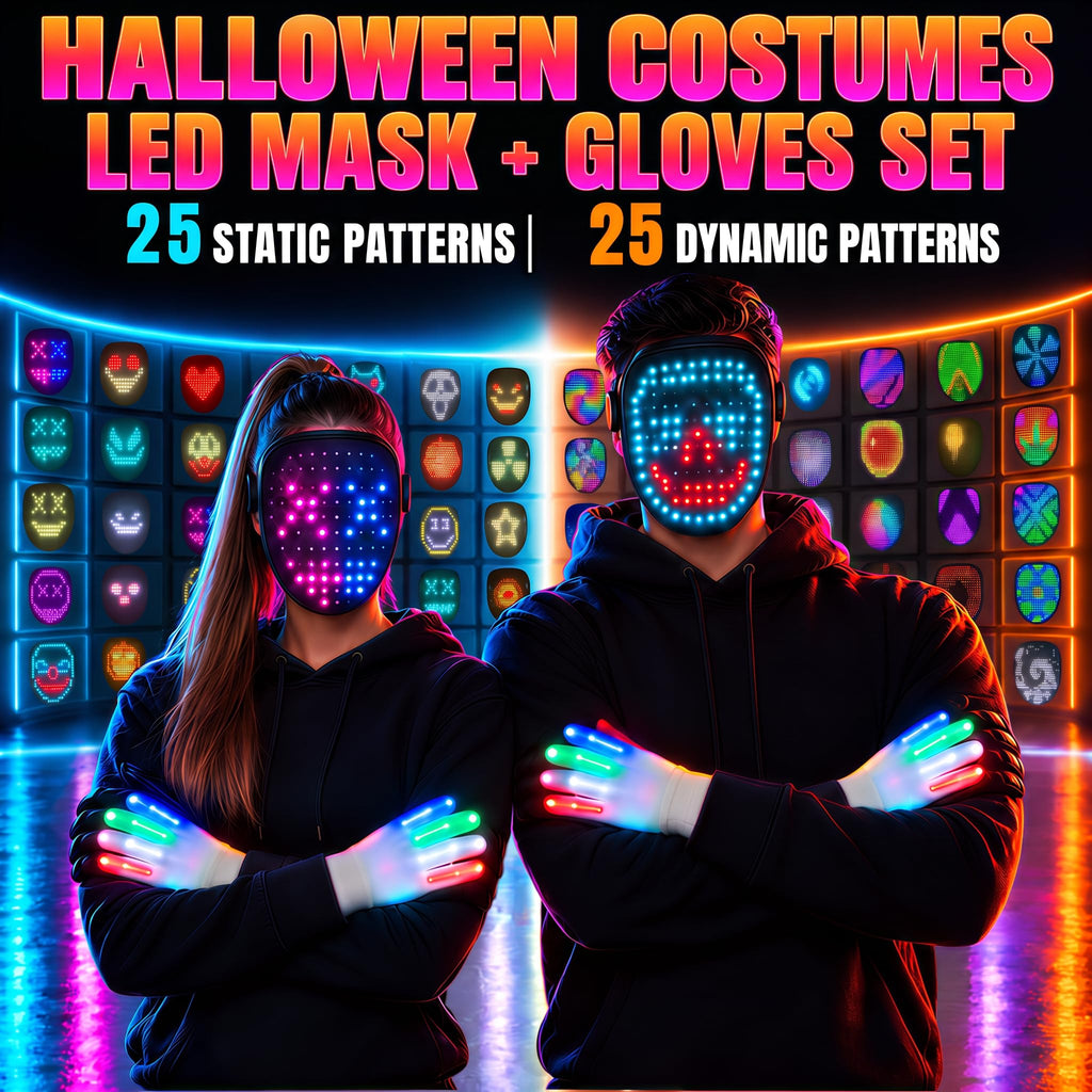 LED Light Up Mask with Gloves Set, Halloween Costume Cool Stuff for Adults