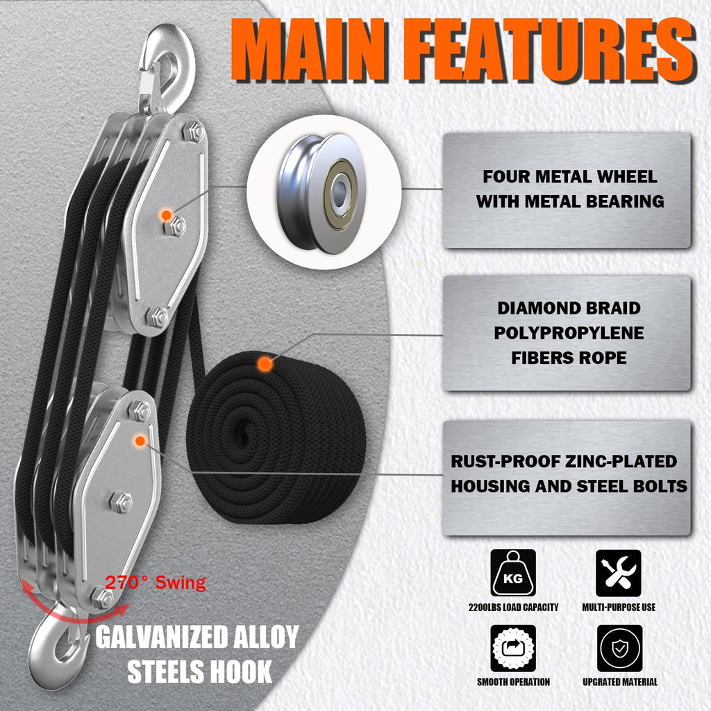 YATOINTO Rope Pulley Hoist with Bearing, 2200 LB Pulley Block and Tackle System 6:1 Power, Pulley Block 1100LB Loading Capacity, 50ft Heavy Duty Rope Hoist for Hunting Garage Warehouse Constructions