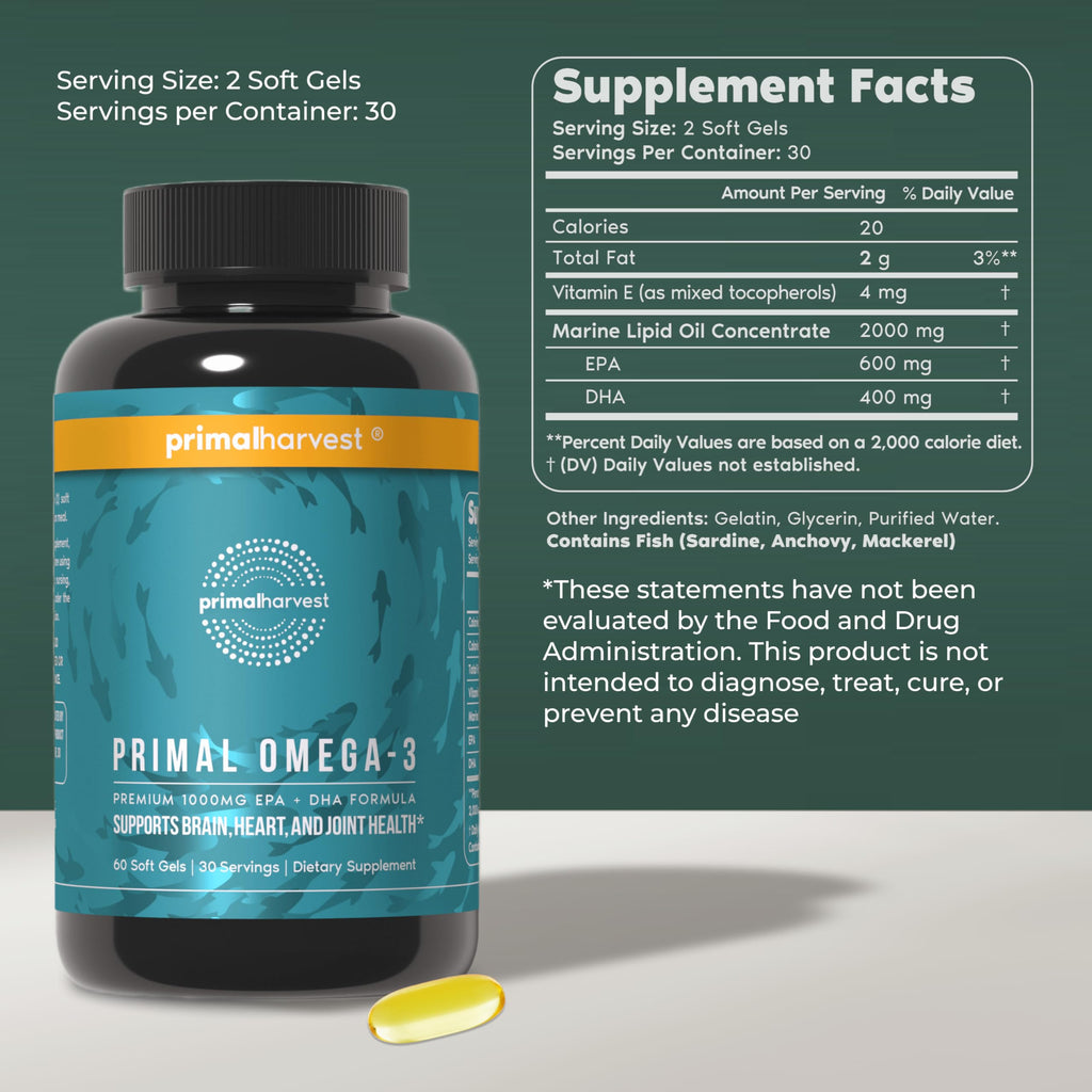 Primal Harvest Omega 3 Fish Oil Supplements, 30 Servings Soft Gels Capsules w/ 1000mg EPA + DHA Supplements, No Fishy Burps Non-GMO Omega 3 Fatty Acid