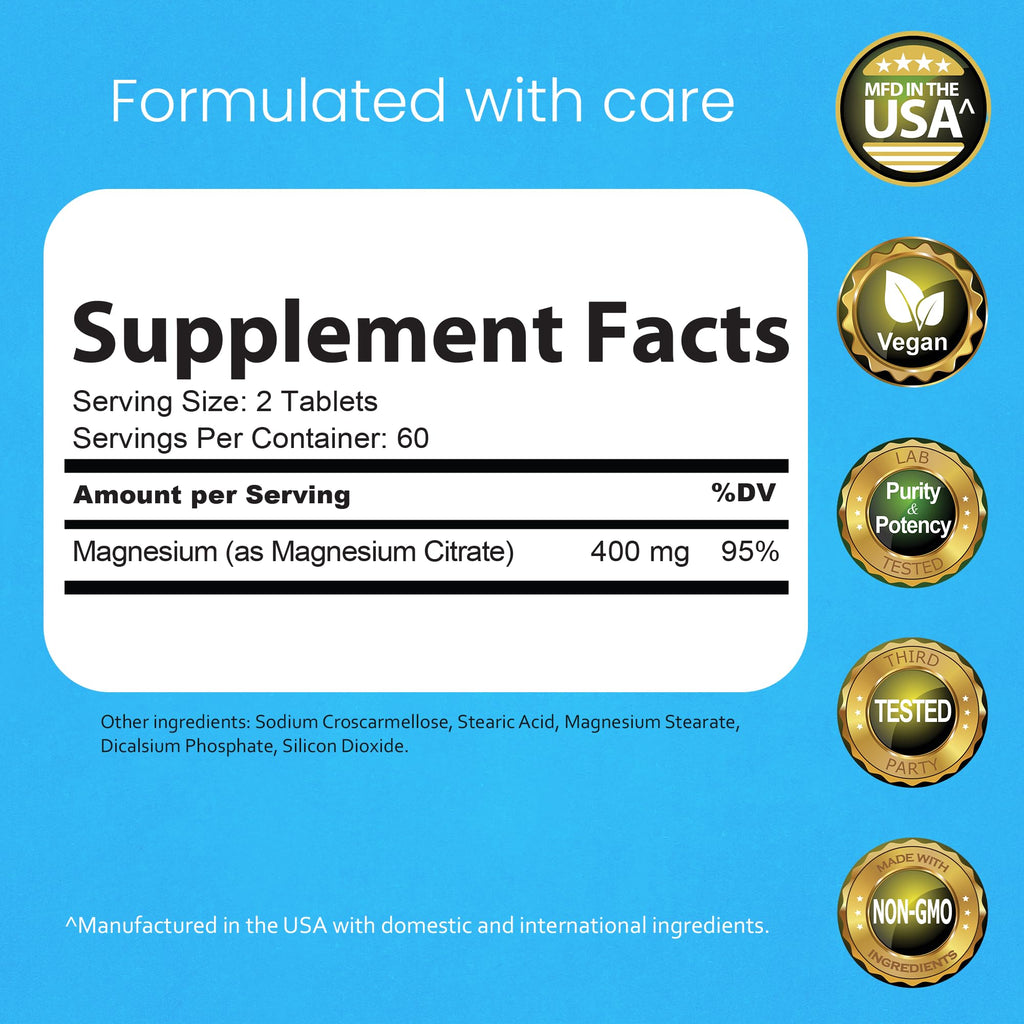 NaturaLife Labs Magnesium Citrate 400 mg per Serving – 120 Tablets, Vegan, Non-GMO