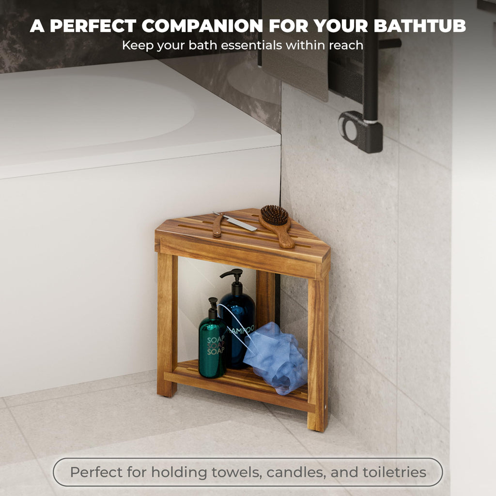 BLUEWEST 16.4" Shower Foot Rest, Corner Shower Stool, Wooden Shower Foot Stool for Shaving Legs Inside Shower, Waterproof Shower Foot Rest with Storage Shelf for Small Shower Space, Shower Seats