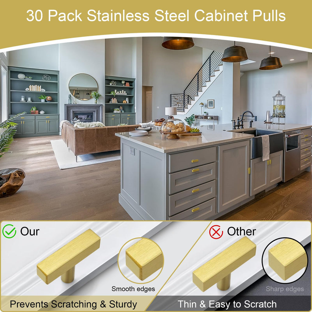 AEEKEL 30 Pack Brushed Brass Cabinet Knobs Single Hole Drawer Pulls, 2" Length Square Stainless Steel Kitchen Handles for Bedroom Bathroom Office